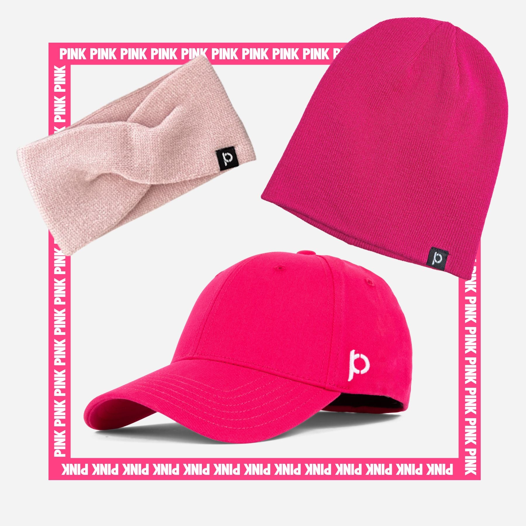 Ponyback Pink bundle with a pink beanie, baseball hat, and headband