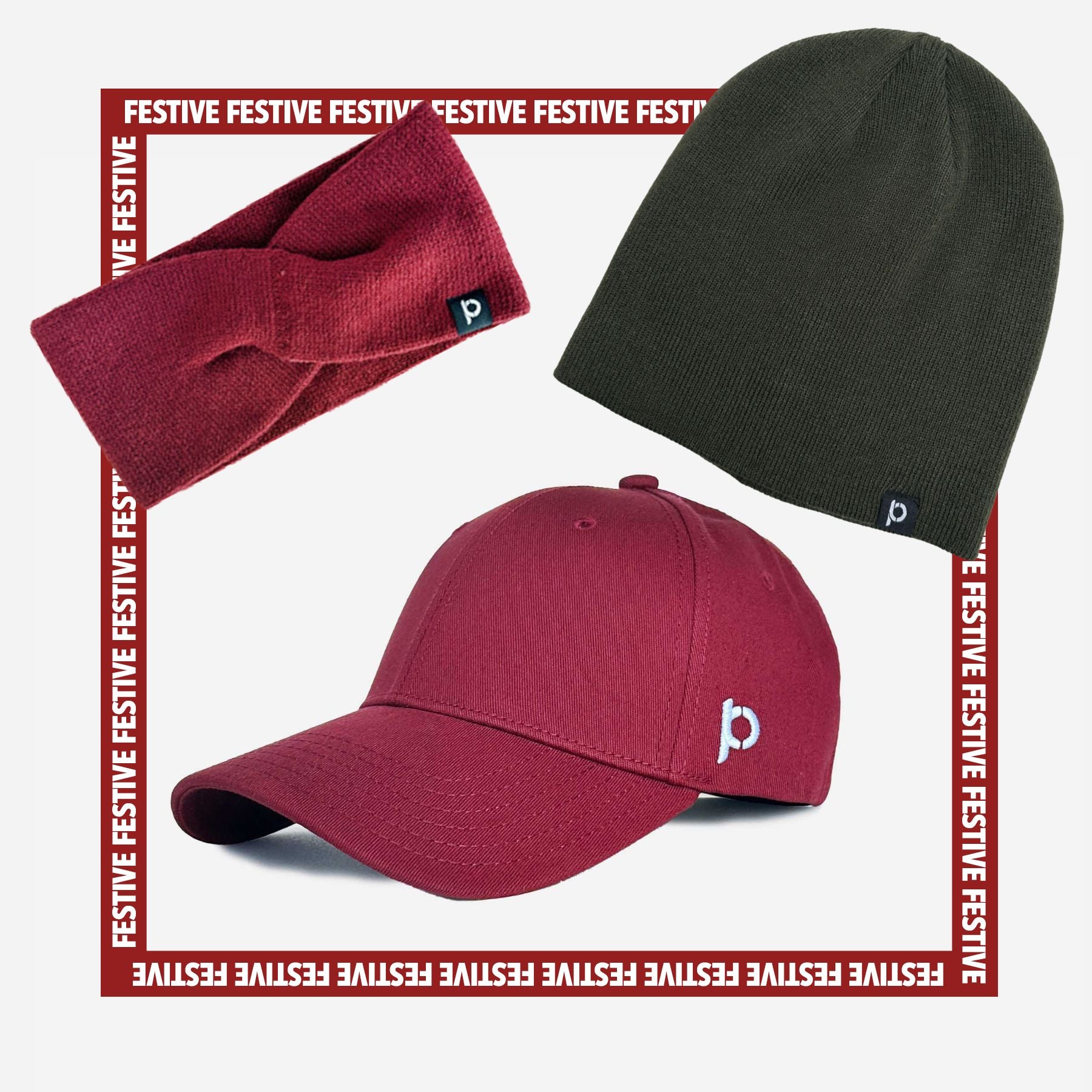 Ponyback festive bundle with an olive beanie a wine headband and a wine baseball hat