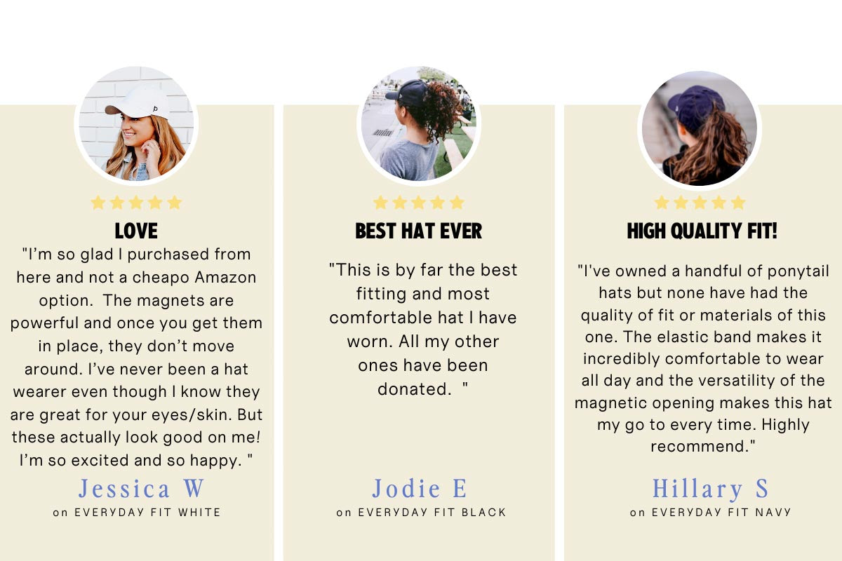 Graphic of three reviews of Ponyback ponytail hats with headings "Love", "Best hat ever" and "High quality fit", all giving five stars