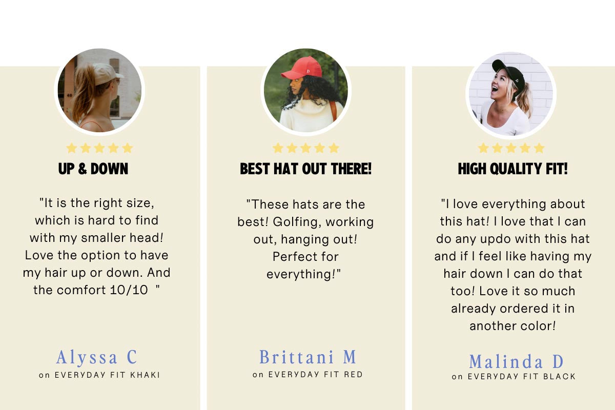 Graphic of three reviews of Ponyback ponytail hats with headings "Up & down", "Best hat out there" and "High quality fit", all giving five stars