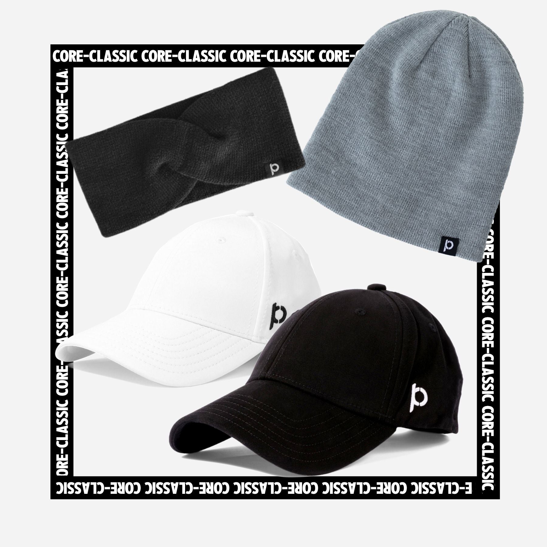 Ponyback Core classic bundle with a beanie, headband, and white and black baseball hats