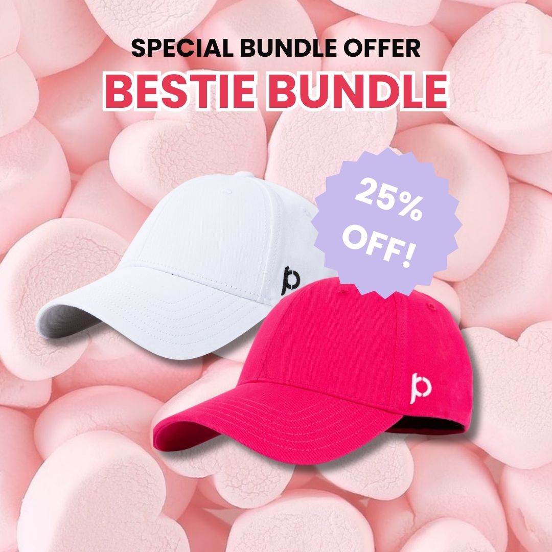 Alt text: "Bestie Bundle special offer featuring a white and a red baseball cap with a logo, displayed over a pink rose petals background, highlighting a 25% off discount badge."