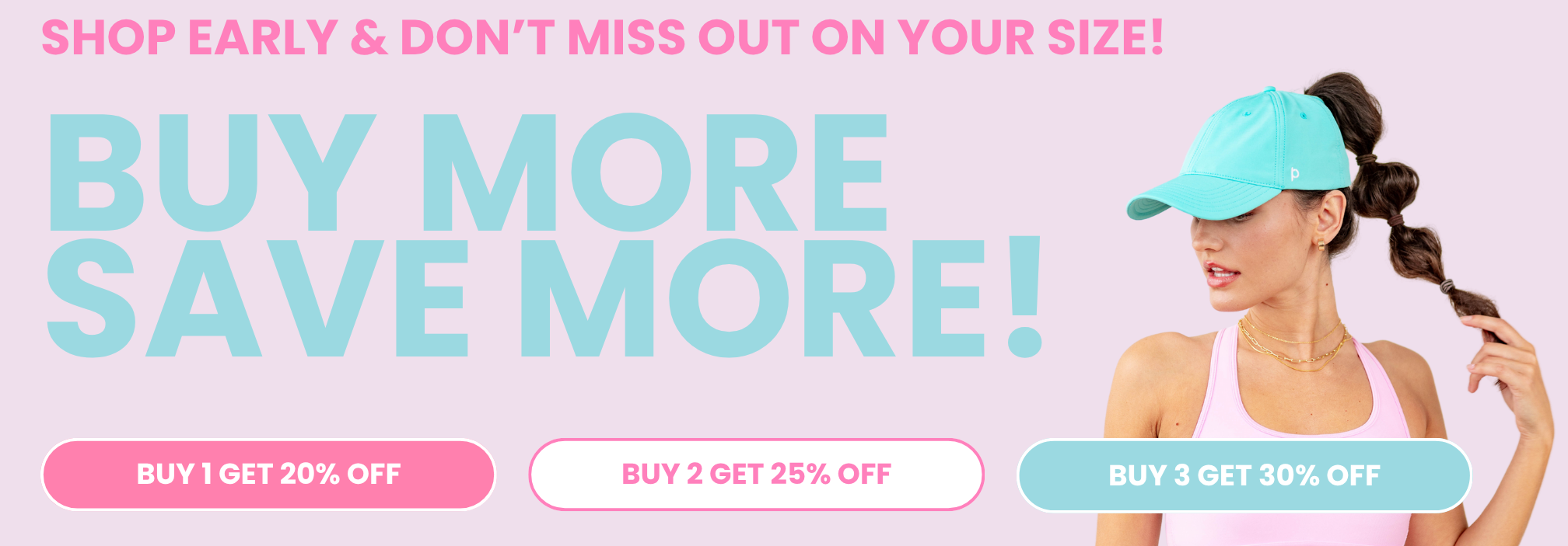 Promotional banner with a woman in athletic wear and text encouraging early shopping and bulk purchases.