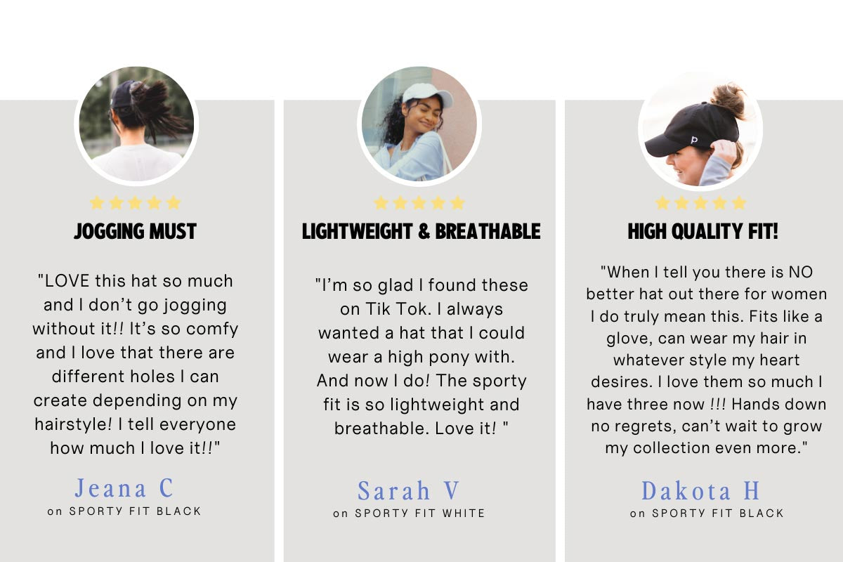 Graphic of three reviews of Ponyback ponytail hats with headings "Jogging must", "Lightweight & breathable" and "High quality fit", all giving five stars