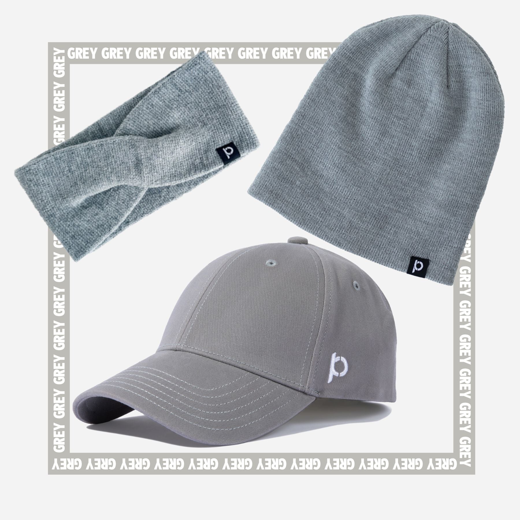 Ponyback grey bundle with a grey beanie, baseball hat and headband