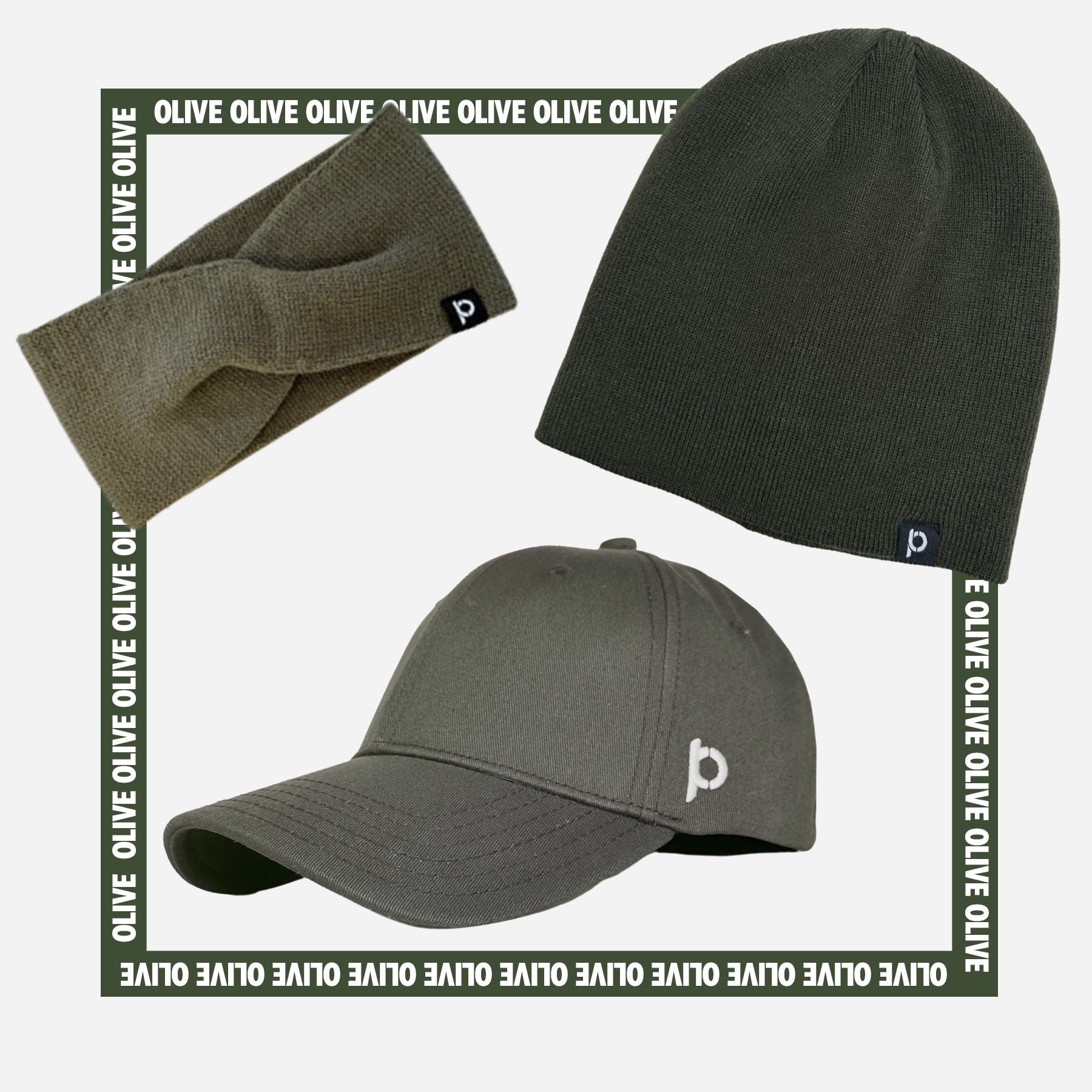 Ponyback Olive bundle with an olive beanie, headband, and baseball hat