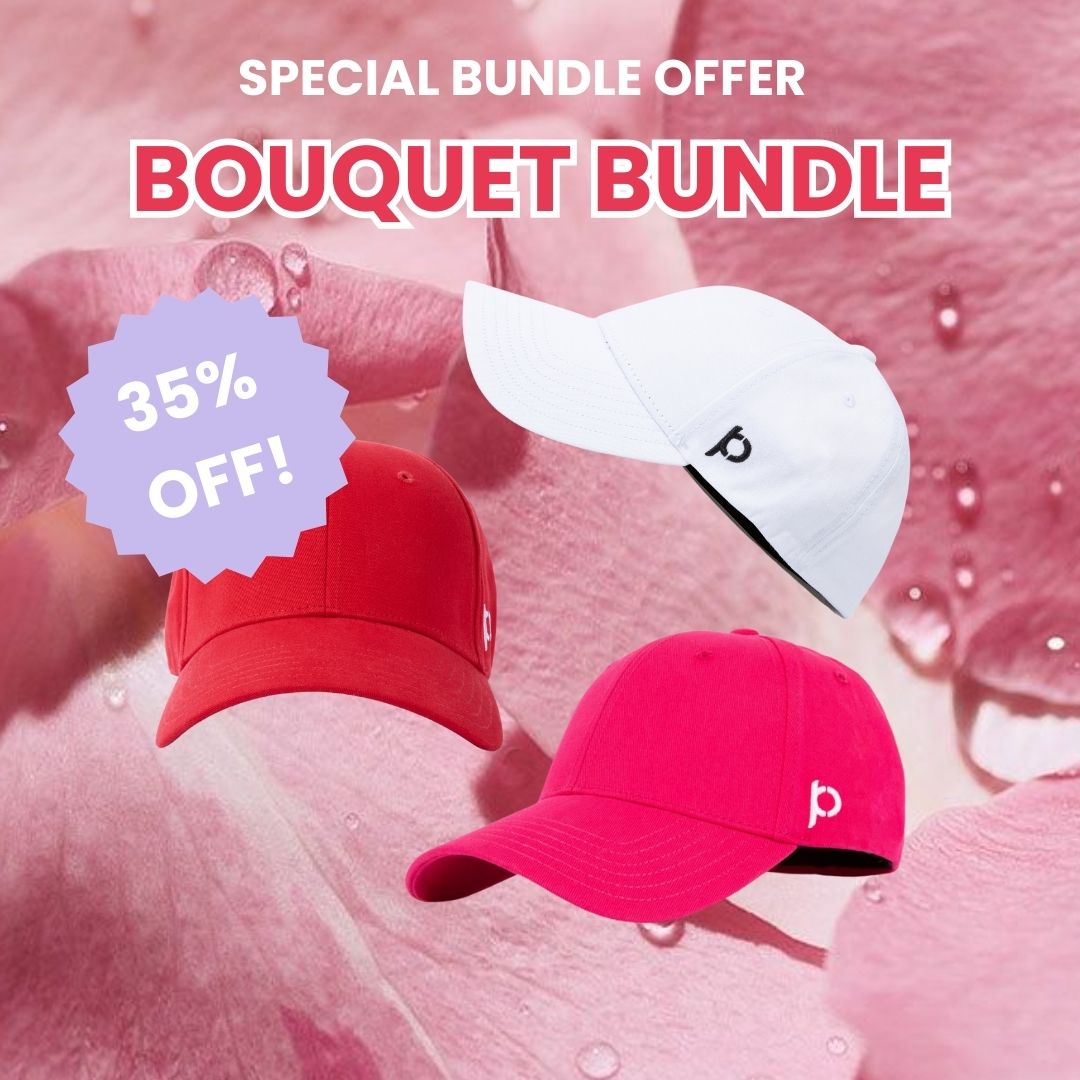 Promotional image featuring a special "Bouquet Bundle" offer with three baseball caps in red, bright pink, and white displayed over a pink floral background with a 35% off label overlaid.