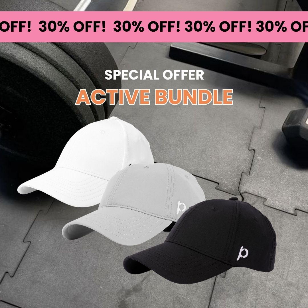 Promotional image for a special offer on an Active Bundle featuring three sports caps in white, grey, and black, displayed on a gym floor with a 30% discount text overlay.